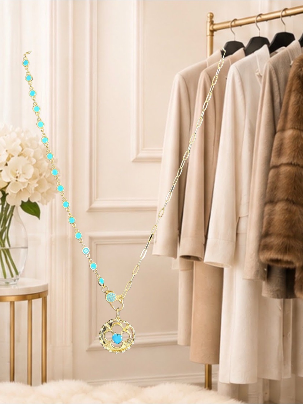 Gold Tone Turquoise Pendant Necklace - Women Accessories